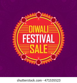 Diwali Festival Sale, Sticker, Tag or Label with Lit Lamps, Bumper Dhamaka Offer, Special Clearance Sale - Vector Illustration Useable for Poster, Banner or Flyer.