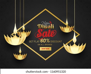Diwali festival sale template or flyer design with 60% discount offer on black background decorated with hanging paper origami oil lamps.