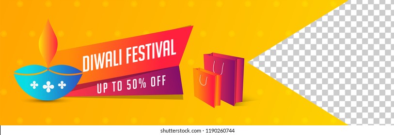 Diwali Festival sale upto 50% discount offer, shopping bag and illuminated oil lamp on shiny yellow background with space for your product image.