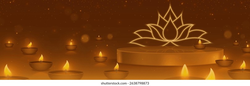 Diwali festival scene with glowing oil lamps and lotus decoration - traditional clay diya candles burning around golden podium. Festive Hindu celebration bg with sparkling lights and lantern flames.