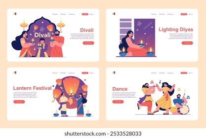 Diwali festival set. Celebratory traditions, family lighting diyas, enjoying lanterns, and dancing. Cultural depictions with Diwali greetings. Vector illustration.