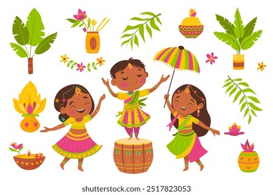 El festival Diwali pone Elementos en un Diseño gráfico plano. Objetos de Paquete de niños y niñas felices con ropas tradicionales indias celebrando, linternas, lámparas de aceite, guirnaldas de flores, otros. Ilustración vectorial.