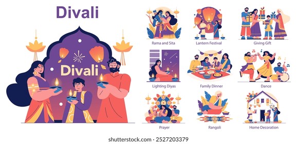 Diwali festival set. Illustrates traditions and rituals like lighting diyas, family dinner, and dance. Captures the essence of the Festival of Lights. Vector illustration.