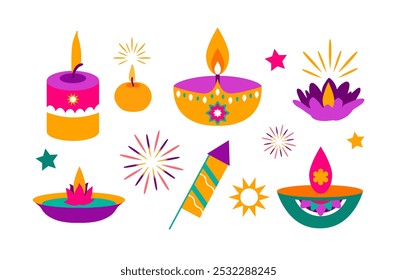 Diwali Festival. Set of  lamps ,candles ,lights , fireworks on white