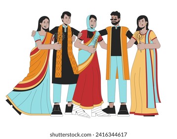 Diwali festival sparkles line cartoon flat illustration. Celebrating indians south asians in ethnic wear 2D lineart characters isolated on white background. Happy Deepawali scene vector color image