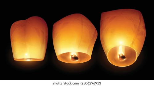 Diwali festival. Three glowing sky lanterns in different angles on a black background. Highly detailed illustration.