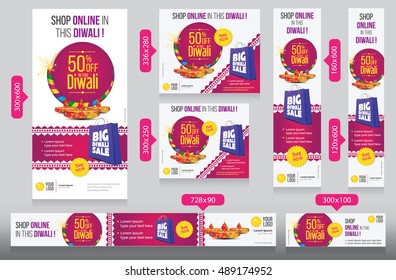 Diwali Festival Website Banner Design Template with 50% Discount and Different Sizes