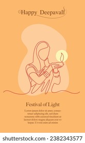 diwali festival women holding lamp line drawing