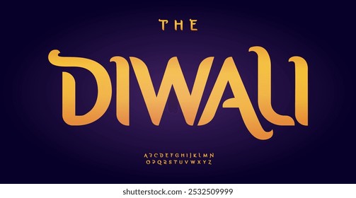 Diwali festive font with elegant curves, smooth artistic alphabet for radiant headline, warm greeting cards, joyful celebration design. Indian culture typography. Vector typeset.