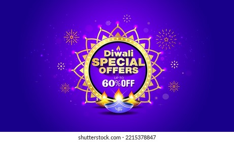 Oferta festiva Diwali Oferta plantilla de venta o banner de tienda minorista Diseño. Texto de oferta especial Diwali con fuegos artificiales en fondo azul.