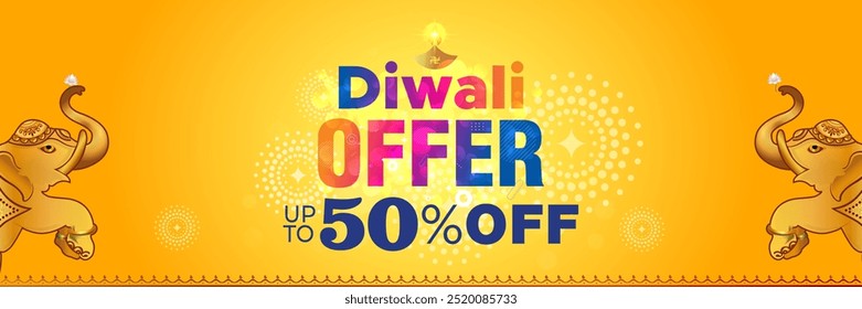 Diwali festivo oferece 50% de desconto na venda com lanternas, elefante, luzes, biscoitos, fundo cintilante.