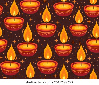 Diwali festive seamless pattern. Design for wrapping paper, textile. Red burning traditional diwali candles or oil lamps on a dark brown background.  