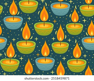 Diwali padrão festivo sem emenda. Design para embrulhar papel, têxtil. Verde e azul queimando velas tradicionais diwali ou lâmpadas de óleo em um fundo verde escuro.