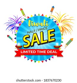 Diwali Festive Season Sale banner, up to 50% cashback. Limited offer Dipawali, Indian festival, diya lamp, oil lamp, colorful bokeh background, vector illustration offer banner, advertisement