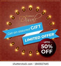 Diwali Festive Season Sale banner, up to 50% cashback. Limited offer Dipawali, Indian festival, diya lamp, oil lamp, get an assured gift, vector illustration offer banner, advertisement
