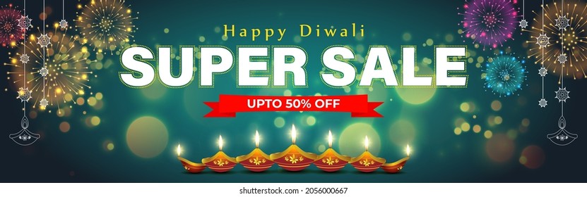 Diwali Festive Season Sale banner, up to 50%  offer Dipawali, Indian festival, Diya lamp, oil lamp, colorful bokeh background, vector illustration offer banner, advertisement