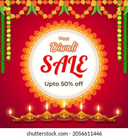 Diwali Festive Season Sale banner, up to 50%  offer Dipawali, Indian festival, Diya lamp, oil lamp, colorful bokeh background, vector illustration offer banner, advertisement