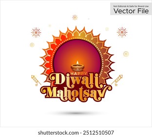 Concepto de logotipo de la festividad Diwali. Festival de luces de la India Diwali mahotsav texto. Plantilla vintage tradicional decorativa con fondo de fuegos artificiales de linternas diya.