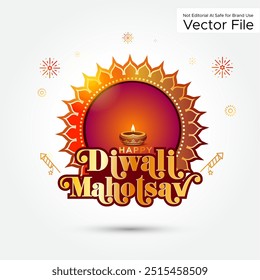 Diwali festivity Logo concept. Indian lights festival Diwali mahotsav text. Decorative traditional vintage template with diya lanterns fireworks background.