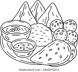 Diwali Food on Thali Plat Isolated Coloring Page