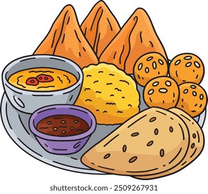 Diwali Comida no Thali Plat Desenho Animado Clipart Colorido 