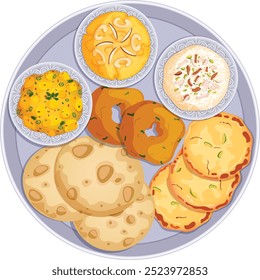 Diwali Food Thali Top View. Puries, Malpua, Kheer, Suji Halwa, Potato Curry and Vada. Indian Breakfast Thali 