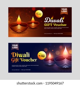 Diwali Gift Voucher, horizontal template set or discount coupon with illuminated oil lamps on glossy background.
