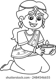 Diwali Girl Holding a Diyas Isolated Coloring Page