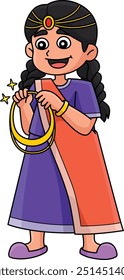 Diwali Girl Holding Gold Necklace Cartoon Clipart