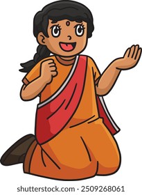 Diwali Girl Kneeling Cartoon Colored Clipart 