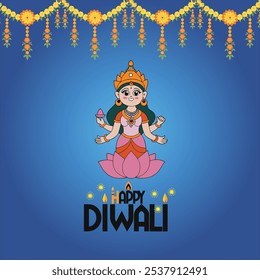 Diwali - Goddess Laxmi - Marigold flower and statue of Goddess Laxmi on Diwali night while laxmi pujan or pooja is performed