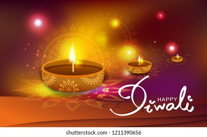 Diwali, gold light shiny celebration, oil lamp decoration with floral, lace, mandala Hindu style, background vector illustration