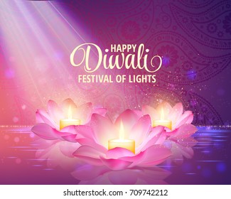 Diwali greeting background. 3D Vector. Festival of lights illustration. Lotus Oil Lamp.