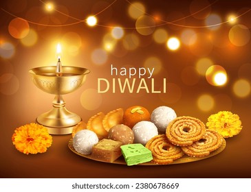 Diwali Grußhintergrund mit goldenem Diya (Öllampe) und traditionellen Süßigkeiten (Mithai) - Laddu, gujiya, halwa, chakali, barfi. Vektorgrafik.