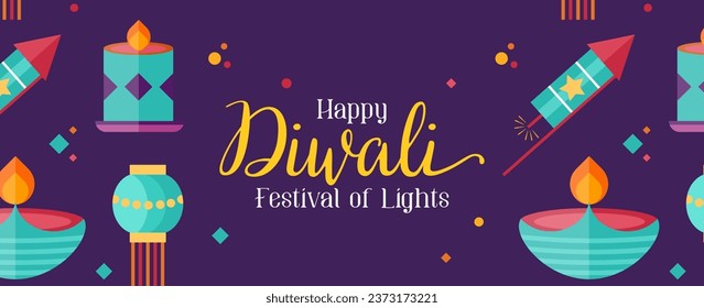 Diwali greeting banner. Holiday background for celebrating Indian festival of lights. Vector illustration in flat cartoon style