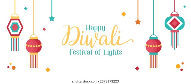 Diwali greeting banner. Holiday background for celebrating Indian festival of lights. Vector illustration in flat cartoon style