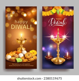 Diwali Grußbanner mit goldenen Diyas (Öllampen) und traditionellen Süßigkeiten (Mithai) - Laddu, gujiya, halwa, chakali, barfi. Vektorset. 