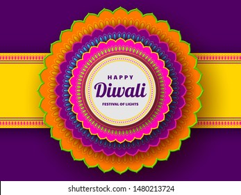 Diwali greeting card with 3d paper cut Indian rangoli. Festival of lights design. Bright colors. Vector illustration.