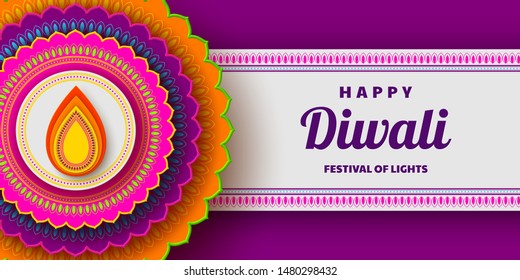 Diwali greeting card with 3d paper cut Indian rangoli. Festival of lights design. Bright colors. Vector illustration.