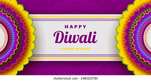 Diwali greeting card with 3d paper cut Indian rangoli. Festival of lights design. Bright colors. Vector illustration.