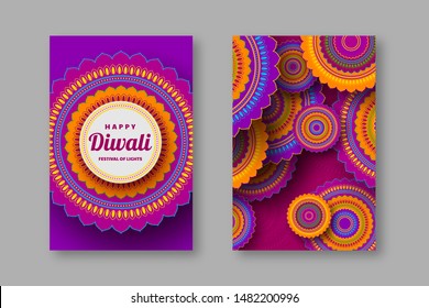 Diwali greeting card with 3d paper cut Indian rangoli. Festival of lights design. Purple bright colors. Vector illustration.