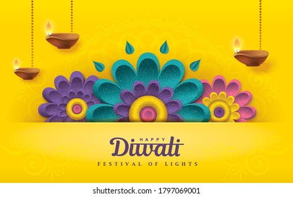 Diwali greeting card with beautiful flowers and oil lamps