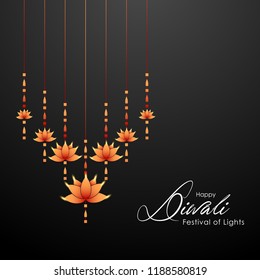Diwali greeting card with beautiful hanging lamp with black  background.Happy Diwali design illustration card.