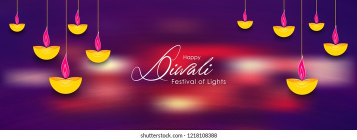 Diwali greeting card with beautiful hanging lamp illustration with shiny blur background. Happy Diwali, festival of lights, design illustration card, banner,poster. Beautiful Hanging oil lamps.