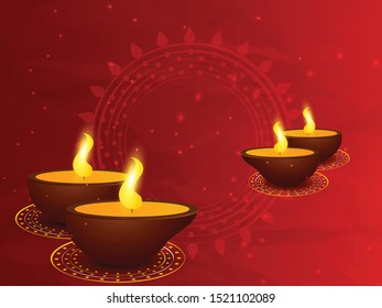 Diwali greeting card with beautiful lamp and rangoli illustration with textured background. Happy Diwali, festival of lights, design card,banner,poster. Oil lamps. for Shubh Deepawali.