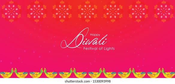 Diwali greeting card with beautiful lamp and rangoli illustration with textured background. Happy Diwali, festival of lights, design card,banner,poster. Oil lamps. for Shubh Deepawali.