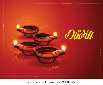 Diwali greeting card with beautiful lamp illustration with textured background. Happy Diwali, festival of lights, design card, banner, poster. Oil lamps for shubh Deepawali. Front view of oil lamps.