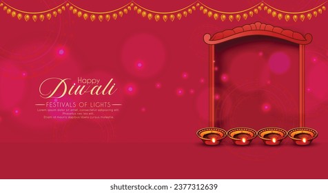 Diwali greeting card with beautiful lamp illustration with textured background. Happy Diwali, festival of lights, design card, banner, poster. Oil lamps for shubh Deepawali. Front view of oil lamps.