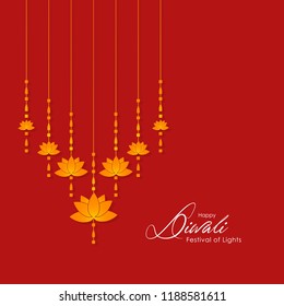 Diwali greeting card with beautiful lotus hanging lamp illustration with red background. Happy Diwali, festival of lights, design illustration card. Beautiful Hanging oil lamps.