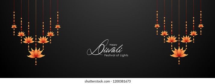 Diwali greeting card with beautiful lotus hanging lamp illustration with black background. Happy Diwali, festival of lights, design illustration card, poster. Beautiful Hanging oil lamps.